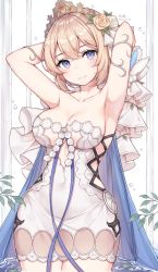 Rule 34 | 1girl, armpits, arms up, ayuanlv, blonde hair, breasts, cape, cleavage, collarbone, cowboy shot, dress, europa (granblue fantasy), granblue fantasy, highres, large breasts, looking at viewer, purple eyes, short dress, short hair, sleeveless, sleeveless dress, smile, solo, standing, strapless, strapless dress, tiara, wading, water, white dress