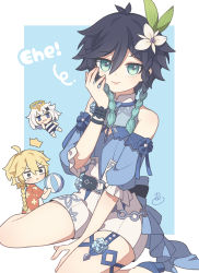 Rule 34 | 1girl, 2boys, ^^^, aether (genshin impact), ahoge, alternate costume, androgynous, ball, bare shoulders, beachball, black hair, blonde hair, blue background, blue eyes, blue hair, bracelet, braid, braided ponytail, bridal garter, chibi, chibi inset, closed mouth, commentary request, english text, floating, flower, genshin impact, gradient hair, green eyes, hair between eyes, hair flower, hair ornament, halo, hand on own face, high heels, highres, holding, holding ball, jewelry, leaf, long hair, looking at viewer, male focus, multicolored hair, multiple boys, open mouth, pa303i, paimon (genshin impact), short hair, short hair with long locks, short sleeves, simple background, smile, sweatdrop, swimsuit, tongue, tongue out, twin braids, venti (genshin impact), white background, white flower, white hair