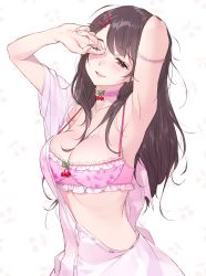 Rule 34 | 1girl, armpits, bad id, bad pixiv id, blush, bra, breasts, brown eyes, brown hair, buttons, cherry, choker, cleavage, food, fruit, hair ornament, hairclip, highres, long hair, looking at viewer, medium breasts, one eye closed, original, parted lips, pink bra, pink shirt, shirt, simple background, smile, solo, tonito, underwear, white background