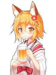 Rule 34 | 1girl, alcohol, animal ear fluff, animal ears, beer, beer mug, blonde hair, blush, bow, commentary, cup, english commentary, fang, flower, foam, foam mustache, fox ears, hair between eyes, hair flower, hair ornament, holding, holding cup, japanese clothes, kimono, long sleeves, looking at viewer, miko, mug, orange hair, qkracho (thesdroz), senko (sewayaki kitsune no senko-san), sewayaki kitsune no senko-san, simple background, smile, solo, tsurime, white background, white kimono, wide sleeves