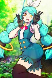 Rule 34 | 1girl, annie (skullgirls), braid, double v, eyepatch, gloves, green hair, highres, long hair, looking at viewer, official alternate costume, outdoors, pata n, puffy pants, revision, skullgirls, smile, solo, thighhighs, tongue, tongue out, twin braids, v, very long hair, yellow eyes