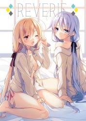 Rule 34 | 2girls, ;o, bare legs, bare shoulders, bed sheet, black ribbon, blonde hair, blue eyes, blue hair, blush, breasts, collarbone, expressionless, hair between eyes, highres, indoors, jpeg artifacts, light purple hair, long hair, looking at viewer, low twintails, multiple girls, nightgown, off shoulder, on bed, one eye closed, open clothes, open mouth, open shirt, original, panties, pink panties, red eyes, red ribbon, ribbon, rubbing eyes, sheet grab, shirt, side-tie panties, sitting, toosaka asagi, twintails, unbuttoned, underwear, very long hair, waking up, wariza, white shirt, window, yawning