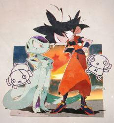 Rule 34 | 10s, 4boys, :d, black eyes, black hair, boots, dougi, dragon ball, dragon ball (object), dragon ball super, dragonball z, expressionless, flying, frieza, frown, full body, hand on own hip, happy, height difference, leaning forward, looking at another, male focus, monochrome, multiple boys, open mouth, red eyes, shaded face, shadow, short hair, simple background, smile, son goku, spiked hair, standing, suzuka g, sweatdrop, tail, white background, wristband, zen&#039;ou (dragon ball)