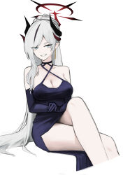 Rule 34 | 1girl, absurdres, black dress, black gloves, black horns, blue archive, cropped legs, demon horns, dress, earrings, elbow gloves, feet out of frame, gloves, grey eyes, grey hair, grin, halo, halterneck, highres, horns, jewelry, kirin (mclovin9610), long hair, looking at viewer, makoto (blue archive), makoto (dress) (blue archive), official alternate costume, pointy ears, red halo, simple background, smile, solo, white background