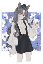 Rule 34 | 1girl, anemone (flower), animal ears, bell, black hat, black shorts, blue background, blue eyes, blue flower, border, bow, bowtie, brown hair, buttons, cat ears, cat girl, center frills, closed mouth, cowboy shot, cropped legs, floral background, flower, frilled shirt, frills, hand up, hat, highres, holding, holding flower, long hair, long sleeves, looking at viewer, mini hat, neck bell, original, outside border, parted bangs, parted lips, puffy long sleeves, puffy sleeves, seal impression, shirt, shorts, signature, solo, standing, suspender shorts, suspenders, ushiyama ame, wavy hair, white border, white bow, white bowtie, white flower, white shirt