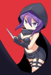 1girl bikini bikini_top_only black_bikini black_cape black_gloves black_hood black_shorts breasts cape cleavage commentary_request earrings fingerless_gloves gloves highres hood hooded_cape jashin-chan_dropkick jewelry medium_breasts medium_hair medusa_(jashin-chan_dropkick) purple_eyes purple_hair red_background serious shadow_(modeler3622) short_shorts shorts solo swimsuit thigh_strap triangle_earrings v-shaped_eyebrows wrist_blades