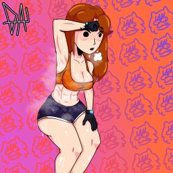 Rule 34 | 1girl, arm up, armpits, blush, breasts, breath, brown hair, cleavage, collarbone, deadaccountlel, eyelashes, gloves, gym, gym shorts, hand on own hip, highres, looking down, medium breasts, mii gunner, miiverse, nintendo, open mouth, orange sports bra, parted bangs, patterned background, shiny skin, shorts, signature, sports bra, squatting, stained clothes, steam, steaming body, stomach, super smash bros., sweat, sweaty clothes, wet, wiping forehead, wiping sweat
