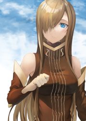 Rule 34 | 1girl, blonde hair, blue eyes, brown dress, brown sleeves, day, detached sleeves, dress, hair over one eye, highres, long hair, long sleeves, looking at viewer, outdoors, parted lips, rourou ill, sleeveless, sleeveless dress, solo, straight hair, tales of (series), tales of the abyss, tear grants, upper body, very long hair
