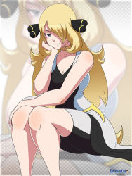 Rule 34 | 1girl, blonde hair, breasts, cleavage, creatures (company), cynthia (pokemon), game freak, hair over one eye, large breasts, layerth, looking at viewer, nintendo, pokemon, shiny skin, smile, solo, tagme