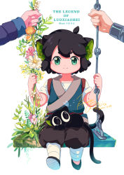 Rule 34 | 3boys, animal ears, aqua eyes, black footwear, black hair, black pants, cat boy, cat ears, cat tail, child, fengxi (the legend of luoxiaohei), flower, full body, highres, kisumi rei, luo xiaohei, luo xiaohei (cat), luo xiaohei (human), luo xiaohei zhanji, multiple boys, orange flower, pants, pink flower, shoes, short hair, short sleeves, signature, sitting, solo focus, swing, tail, white background, white flower, wuxian (the legend of luoxiaohei)