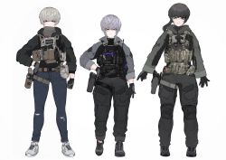 Rule 34 | absurdres, alma01, ammunition belt, ammunition pouch, black hair, blue eyes, bulletproof vest, fang, fanny pack, folding knife, full body, gloves, green eyes, grey background, gun, hand on own hip, handgun, highres, hood, hoodie, knee pads, long bangs, long hair, mole, mole under eye, multiple girls, original, pants, pants rolled up, phone, ponytail, pouch, radio, shoes, short hair, sneakers, tactical clothes, turtleneck, weapon, white background, white hair