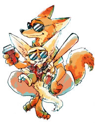 Rule 34 | artist request, baseball bat, cup, disney, disposable cup, drink, finnick (zootopia), fox, furry, glasses, nick wilde, no humans, simple background, sunglasses, white background, zootopia