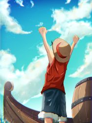 Rule 34 | 1boy, barrel, boat, clenched hands, from behind, from below, hands up, hat, highres, male focus, monkey d. luffy, one piece, outdoors, shorts, sky, sleeveless, solo, straw hat, suzu (suzuran piece), watercraft
