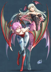 Rule 34 | 2girls, abs, animal print, arms behind back, artist name, bare shoulders, bat print, boots, breasts, bridal gauntlets, closed mouth, commentary request, demon wings, feather trim, flat chest, fujii eishun, full body, gradient background, green eyes, grey hair, hands on own hips, head wings, highleg, highleg leotard, highres, knee boots, large breasts, leaning forward, leotard, light smile, lilith aensland, lips, long hair, low wings, morrigan aensland, multiple girls, pantyhose, purple hair, red eyes, shadow, short hair, signature, simple background, strapless, strapless leotard, vampire (game), wings