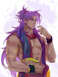 Rule 34 | 1boy, abs, alternate costume, bare pectorals, basket, bead necklace, beads, bhima (fate), dark-skinned male, dark skin, earrings, eating, facial mark, fate/grand order, fate (series), forehead mark, fruit basket, highres, holding, holding basket, indian clothes, jewelry, long hair, male focus, muscular, muscular male, necklace, pectorals, purple eyes, purple hair, sash, solo, topless male, upper body, very long hair, washblackmud, wristband