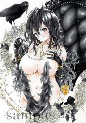 Rule 34 | 1girl, arim0k0, bird, black eyes, black gloves, black hair, bone, breasts, chair, cleavage, crow, crown, elbow gloves, gloves, groin, hand on own chest, highres, jewelry, large breasts, looking at viewer, medium hair, navel, necklace, original, sample watermark, simple background, skull, solo, traditional media, watermark, white background