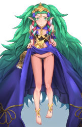 Rule 34 | 1girl, absurdly long hair, bare shoulders, barefoot, black panties, braid, breasts, clothes lift, colored eyelashes, dress, dress lift, exhibitionism, fire emblem, fire emblem: three houses, gradient background, green hair, highres, jewelry, lifting own clothes, long hair, necklace, nintendo, panties, pointy ears, public indecency, ribbon braid, shadow, side-tie panties, small breasts, smile, solo, sothis (fire emblem), thighs, tiara, toes, twin braids, underwear, very long hair, yamauchi (conan-comy)