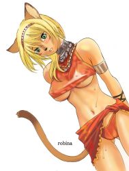 Rule 34 | 00s, animal ears, blush, breasts, cat ears, cat tail, final fantasy, final fantasy xi, midriff, mithra (ff11), short hair, sweat, tail