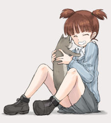 Rule 34 | 10s, 1girl, animal, ankle boots, blue footwear, blue shirt, blunt bangs, boots, cat, commentary, dress shirt, facing another, full body, girls und panzer, grey background, grey skirt, grey socks, grin, hair tie, holding, holding animal, keizoku school uniform, long sleeves, mikko (girls und panzer), miniskirt, mutsu (layergreen), pleated skirt, red hair, school uniform, shirt, short hair, short twintails, simple background, sitting, skirt, smile, socks, solo, striped clothes, striped shirt, twintails, vertical-striped clothes, vertical-striped shirt, white shirt