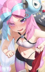 Rule 34 | 1girl, absurdres, anger vein, black shorts, blue hair, blurry, blush, breasts, character hair ornament, cleavage, commentary request, creatures (company), game freak, hair ornament, highres, iono (pokemon), long hair, looking at viewer, multicolored hair, navel, nintendo, open mouth, padoruu, pink hair, pokemon, pokemon sv, purple eyes, shorts, single leg pantyhose, small breasts, solo, teeth, thigh strap, tongue, two-tone hair