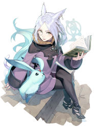 Rule 34 | 1girl, animal ears, arcanist (final fantasy), blue eyes, blush, book, carbuncle (final fantasy), cat ears, closed mouth, commission, dated, earrings, final fantasy, final fantasy xiv, green eyes, high heels, highres, holding, holding book, jewelry, kyo (kuroichigo), long hair, miqo&#039;te, monocle, open book, signature, silver hair, single earring, sitting, skeb commission, sleeves past wrists, smile, warrior of light (ff14)