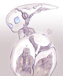 Rule 34 | 1girl, ass, atte nanakusa, bent over, blue eyes, colored skin, drossel von flugel, fireball (series), from behind, heart, highres, humanoid robot, kneepits, looking at viewer, looking back, mechanical parts, no mouth, robot, solo, white skin