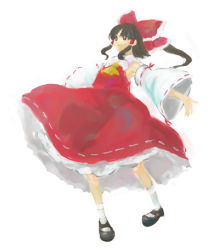 Rule 34 | 1girl, bobby socks, brown eyes, brown hair, female focus, full body, hakurei reimu, looking at viewer, lowres, mary janes, mountain of faith, outstretched arms, ponytail, ribbon-trimmed sleeves, ribbon trim, shikai, shikai (iesiki 56), shoes, sidelocks, simple background, socks, solo, touhou, white background, white socks