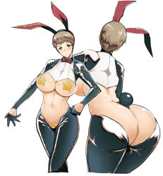 Rule 34 | 1girl, absurdres, ass, bent over, black gloves, brown eyes, brown hair, commentary request, from behind, girls und panzer, gloves, hand on own hip, highres, meme attire, midriff, naomi (girls und panzer), navel, pasties, reverse bunnysuit, reverse outfit, sasaki tatsuya, short hair, simple background, star (symbol), star pasties, white background