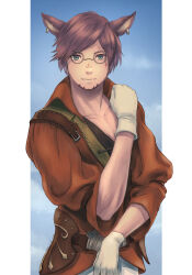 Rule 34 | 1boy, 2022, absurdres, animal ears, artist name, cactus41747280, cat boy, cat ears, closed mouth, collarbone, dated, earrings, facial hair, facial mark, final fantasy, final fantasy xiv, grey-framed eyewear, hand up, heart, heart facial mark, highres, jacket, jewelry, miqo&#039;te, red jacket, short hair, solo, warrior of light (ff14)