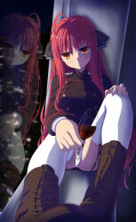 Rule 34 | 1girl, ahoge, alcohol, antenna hair, black jacket, black ribbon, blurry, boots, braid, breasts, brown footwear, cameltoe, cityscape, commentary, cup, depth of field, dracu-riot!, drinking glass, expressionless, eyelashes, eyes visible through hair, foreshortening, full body, hair between eyes, hair over breasts, hair ribbon, hair spread out, hand on own knee, head tilt, highres, hirocchi, holding, holding cup, indoors, jacket, knees up, large breasts, legs, long hair, long sleeves, looking to the side, night, panties, panty peek, parted bangs, parted lips, reflection, ribbon, shoelaces, sidelocks, single braid, solo, thighhighs, thighs, underwear, very long hair, white panties, white thighhighs, window, wine, wine glass, yarai miu, yellow eyes