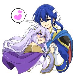 Rule 34 | blue eyes, blue hair, brother and sister, fire emblem, fire emblem: genealogy of the holy war, hand in another&#039;s hair, happy, holding hands, julia (fire emblem), nintendo, open mouth, purple eyes, purple hair, seliph (fire emblem), siblings, simple background, yukia (firstaid0)