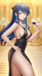 Rule 34 | 1girl, :p, absurdres, alternate costume, arknights, ass, black dress, black nails, blue eyes, blue hair, blue tongue, blush, breasts, clothes lift, collarbone, colored tongue, cup, dress, dress lift, drink, drinking glass, evening gown, highres, holding, holding cup, horns, large breasts, lifted by self, long hair, looking at viewer, mostima (arknights), nail, pelvic curtain, rayleigh scale, sleeveless, sleeveless dress, smile, solo, thighs, tongue, tongue out