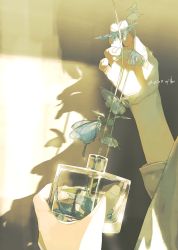 Rule 34 | 1other, ambiguous gender, artist name, blue butterfly, bug, butterfly, dated, glass, hand focus, hand up, highres, holding, insect, jpeg artifacts, light, long sleeves, muted color, original, plant, rido (ridograph), shadow, shirt, signature, water, white shirt