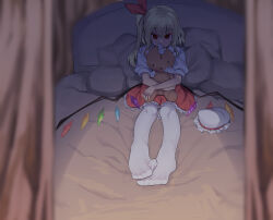 Rule 34 | 1girl, bed, blonde hair, blurry, blurry foreground, collared shirt, covered mouth, crossed arms, crossed bangs, crystal, curtains, damaged, dark, dark background, depth of field, dorsiflexion, empty eyes, feet, flandre scarlet, foot focus, foreshortening, frilled shirt collar, frills, full body, hair between eyes, hair ribbon, hat, holding, holding stuffed toy, hugging object, indoors, long hair, looking at viewer, low wings, mob cap, no shoes, on bed, outstretched legs, pantyhose, petticoat, pillow, puffy short sleeves, puffy sleeves, red eyes, red ribbon, red skirt, ribbon, shamo (koumakantv), shirt, short sleeves, side ponytail, sidelocks, sitting, skirt, solo, straight-on, stuffed animal, stuffed toy, stuffing, teddy bear, toes, torn, touhou, unworn hat, unworn headwear, white hat, white pantyhose, white shirt, wing collar, wings