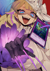 Rule 34 | 1girl, blonde hair, blue eyes, breasts, card, diabellze the original sinkeeper, dress, duel monster, eye of horus, gloves, hat, highres, large breasts, long hair, multicolored hair, open mouth, purple eyes, purple hair, ro g (oowack), smile, solo, streaked hair, waking the dragon, white dress, witch hat, yu-gi-oh!