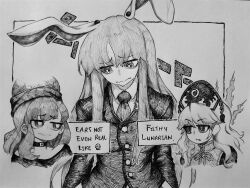 3girls absurdres animal_ears blazer choker chronozbergh closed_mouth collared_shirt commentary energy english_commentary english_text greyscale hecatia_lapislazuli highres jacket junko_(touhou) long_hair long_sleeves looking_down monochrome multiple_girls necktie off-shoulder_shirt off_shoulder open_mouth phoenix_crown rabbit_ears racism reisen_udongein_inaba shirt smile sweat tabard touhou traditional_media very_long_hair