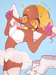 Rule 34 | 1girl, 333surimi, alternate costume, angel wings, bare shoulders, blonde hair, blue background, breasts, bright pupils, cleavage, colored eyelashes, commentary request, dark-skinned female, dark skin, eyelashes, fake wings, frye (splatoon), gradient hair, halo, heart, highres, inkling, jumping, large breasts, multicolored hair, navel, nintendo, panties, parted lips, pink hair, pointy ears, see-through, see-through skirt, shoes, short hair, simple background, skirt, solo, splatoon (series), splatoon 3, star-shaped pupils, star (symbol), symbol-shaped pupils, teeth, tentacle hair, thick eyebrows, thighhighs, two-tone hair, underwear, white footwear, white panties, white pupils, white skirt, white thighhighs, wings, yellow eyes