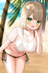 Rule 34 | 1girl, :d, arm up, beach, bikini, black bikini, blunt bangs, blurry, blurry background, breasts, cleavage, collarbone, commentary request, day, gluteal fold, green eyes, highres, large breasts, leaning forward, light brown hair, light rays, looking at viewer, mizukoshi (marumi), navel, ocean, open mouth, original, outdoors, palm tree, see-through, see-through shirt, shirt, side-tie bikini bottom, sidelocks, smile, solo, standing, sunbeam, sunlight, swimsuit, teeth, thigh gap, thighs, tied shirt, tree, upper teeth only, white shirt