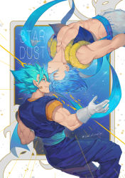 Rule 34 | 2boys, abs, arms at sides, bad id, bad pixiv id, blue background, blue eyes, blue hair, blue theme, clenched teeth, closed eyes, clothes lift, commentary, dougi, dragon ball, dragon ball super, dragon ball super broly, earrings, english commentary, english text, expressionless, face-to-face, facing away, feet out of frame, gloves, gogeta, grin, jewelry, libeuo (liveolivel), light smile, looking at another, male focus, multiple boys, muscular, night, night sky, no nipples, pants, pectorals, potara earrings, profile, shooting star, simple background, sky, smile, spiked hair, star (sky), star (symbol), starry background, starry sky, super saiyan, super saiyan blue, teeth, text focus, topless male, twitter username, upside-down, vegetto, waistcoat, white background, white gloves, white pants, white theme, yellow theme