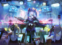 Rule 34 | 1girl, android, aqua eyes, aqua hair, artist name, back, conductor baton, black pantyhose, blue eyes, cable, camcorder, cardiogram, cello, clone, closed eyes, closed mouth, conductor, disco ball, english text, floating hair, formal, grand piano, hair ornament, hatsune miku, headphones, heartbeat, holding, instrument, joints, keyboard (instrument), long hair, long sleeves, looking at viewer, miniskirt, monitor, multiple views, music, orchestra, pantyhose, pencil skirt, piano, playing instrument, purple hair, purple skirt, robot joints, sitting, skirt, sleeveless, smile, spaghetti strap, spark (sandro), stage, stage lights, standing, tailcoat, twintails, very long hair, video camera, violin, vocaloid
