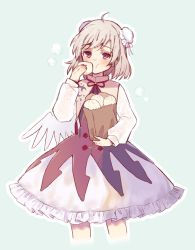 Rule 34 | 1girl, ahoge, alternate costume, angel wings, bag, blue background, blush, commentary request, double bun, dress, eating, food in mouth, frilled dress, frills, grey hair, hair bun, holding, holding bag, kishin sagume, long sleeves, paper bag, red eyes, short hair, simple background, single wing, solo, touhou, touya (konpekitou), wings