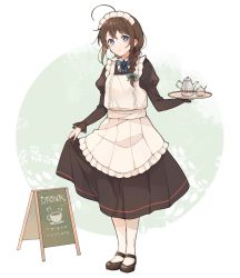Rule 34 | 1girl, ahoge, alternate costume, apron, black dress, black footwear, black hair, blue eyes, braid, clothes lift, commentary request, cup, dress, dress lift, enmaided, frilled apron, frills, full body, hair flaps, hair over shoulder, kantai collection, long hair, maid, maid headdress, mary janes, shakemi (sake mgmgmg), shigure (kancolle), shoes, sign, single braid, solo, standing, teacup, teapot, tray, waitress, white apron