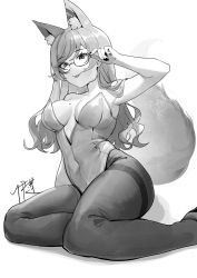 Rule 34 | 1girl, :p, absurdres, adjusting eyewear, alternate costume, animal ear fluff, animal ears, bare shoulders, breasts, breasts apart, covered navel, feet out of frame, glasses, greyscale, hand up, highres, illian-san, leotard, long hair, medium breasts, meridian project, mole, mole on breast, monochrome, pantyhose, seki (vtuber), semi-rimless eyewear, sitting, smile, solo, tail, thighband pantyhose, tongue, tongue out, virtual youtuber, wolf ears, wolf girl, wolf tail, yokozuwari