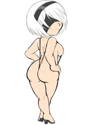 Rule 34 | 1girl, android, ass, blindfold, chibi, darm engine, full body, hairband, nier (series), nier:automata, shiny skin, short hair, silver hair, slingshot swimsuit, solo, swimsuit, thick thighs, thighs, 2b (nier:automata)