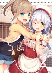 Rule 34 | 2girls, apron, blue eyes, blue hair, blush, brown hair, cover, cover page, green eyes, hat, highres, hug, long hair, multiple girls, one eye closed, open mouth, original, ponytail, shorts, smile, tsuchikure