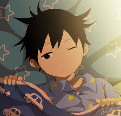Rule 34 | 1boy, artist name, black eyes, black hair, car, from above, looking at viewer, lying, male focus, messy hair, motor vehicle, noeyebrow (mauve), on back, one eye closed, original, pajamas, short hair, solo, star (symbol), under covers, vehicle