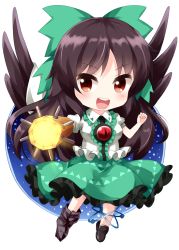 Rule 34 | 1girl, arm cannon, asymmetrical footwear, atom, bird wings, black hair, black socks, black wings, bow, breasts, buttons, cape, center frills, chibi, collared shirt, commentary request, control rod, frilled shirt collar, frills, green bow, green skirt, hair bow, highres, kneehighs, loafers, long hair, medium breasts, mismatched footwear, puffy short sleeves, puffy sleeves, red eyes, reiuji utsuho, ruu (tksymkw), shirt, shoes, short sleeves, simple background, single shoe, skirt, socks, starry sky print, third eye, touhou, weapon, white background, white cape, white shirt, wings