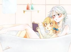 Rule 34 | 2girls, bad id, bad twitter id, bathtub, blonde hair, blue bow, blue eyes, blush, book, bow, collarbone, commentary request, hair bow, holding, holding book, izayoi sakuya, kirisame marisa, multiple girls, nude, open mouth, parted lips, same-sex bathing, shared bathing, short hair, signature, souta (karasu no ouchi), thighs, touhou, water, white hair, yellow eyes