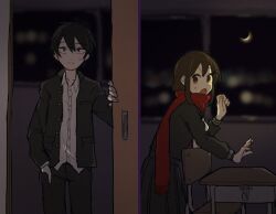 Rule 34 | 1boy, 1girl, :o, :|, black eyes, black hair, black jacket, black serafuku, black skirt, blurry, blurry background, breast pocket, brown eyes, brown hair, brown shirt, chair, classroom, closed mouth, collared jacket, collared shirt, commentary, crescent moon, dark, desk, double-parted bangs, enpera, feet out of frame, fingernails, friends, fringe trim, gakuran, hair between eyes, hair ornament, hand in pocket, hand rest, indoors, jacket, kagerou project, kisaragi shintarou, long scarf, long sleeves, looking ahead, looking at viewer, looking to the side, mokemoke chan, moon, neckerchief, night, open clothes, open collar, open jacket, open mouth, pocket, red scarf, scarf, school, school desk, school uniform, serafuku, shirt, short hair, sidelocks, skirt, sleeve cuffs, sliding doors, split screen, spoilers, standing, surprised, sweat, tateyama ayano, white neckerchief, white shirt, white stripes, window, x hair ornament