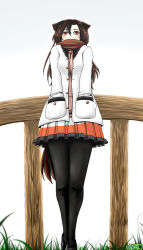 Rule 34 | 1girl, animal ears, black footwear, black pantyhose, brown hair, buttons, coat, commentary request, grass, hair between eyes, hands in pockets, imaizumi kagerou, long hair, looking at viewer, miniskirt, outdoors, pantyhose, pleated skirt, red eyes, scarf, shoes, skirt, solo, sweater, tail, touhou, white background, wolf ears, wolf tail, yokochou